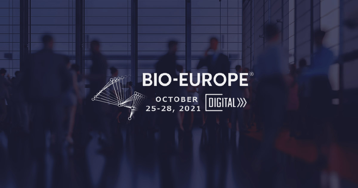 The logo for bio europe is shown in front of a group of people.