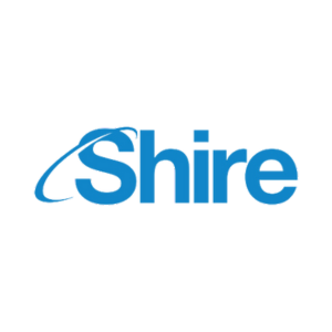 Logo of Shire featuring the company name in blue text with a curved line design extending from the letter "S".