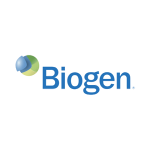 The Biogen logo features the company name in blue text with a blue and green spherical design on the left.
