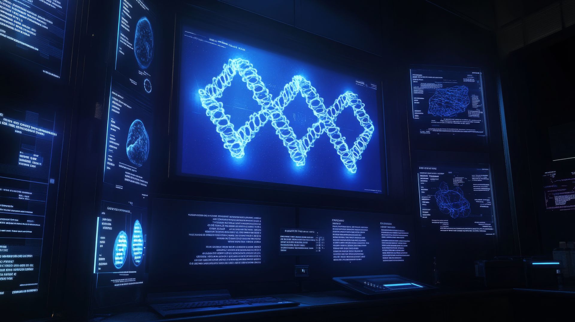 In a dimly lit room, computer screens display glowing blue DNA structures and data, enhanced by the innovative power of generative AI.