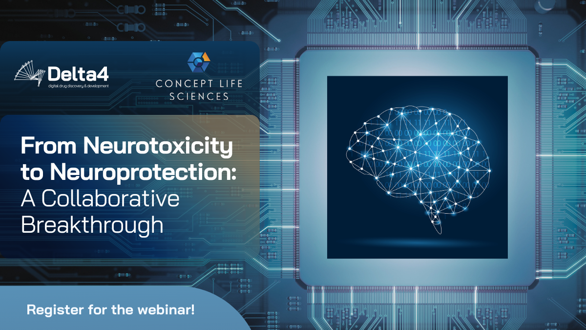 Webinar advertisement with digital brain illustration, logos of Delta4 and Concept Life Sciences, and the text: "From Neurotoxicity to Neuroprotection: A Collaborative Breakthrough.