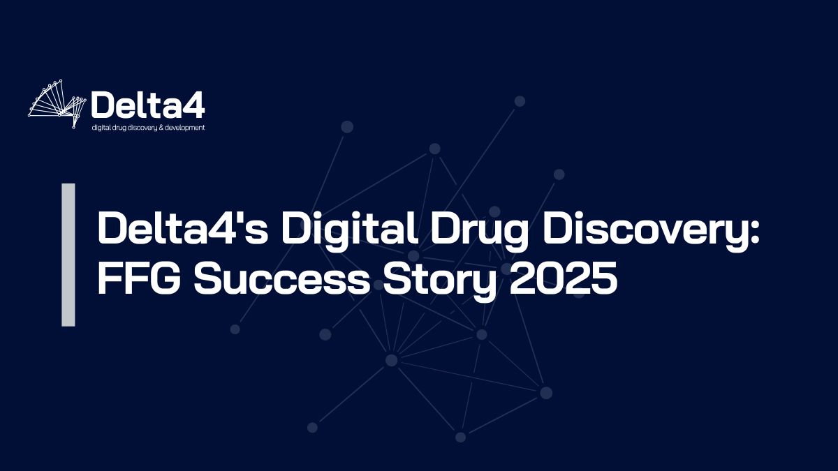 Slide featuring the Delta4 logo and the title "Delta4's AI Drug Discovery: FFG Success Story 2025" on a dark blue background with abstract network graphics.