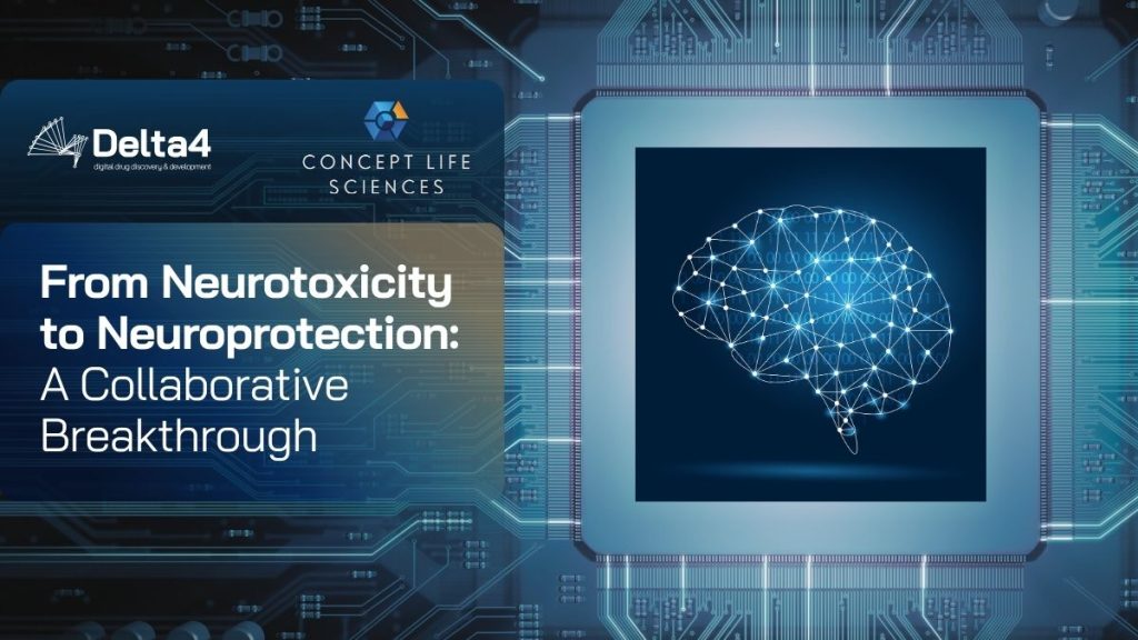 A digital illustration of a brain is displayed on a circuit board background, with text reading "From Neurotoxicity to Neuroprotection: A Collaborative Breakthrough.
