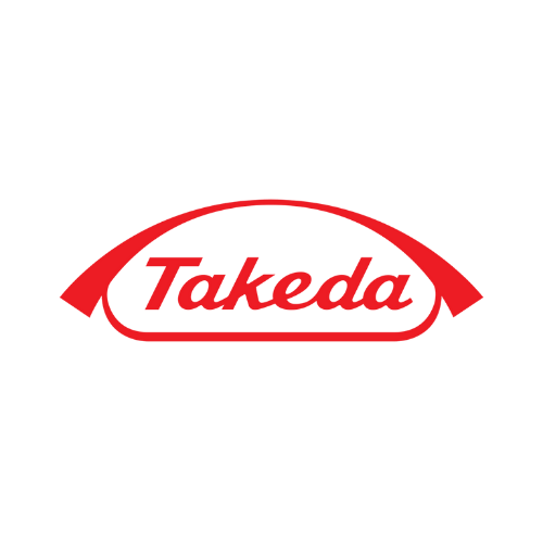 Red "Takeda" logo in cursive font enclosed by a red arc and underline on a white background.