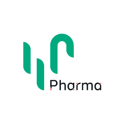 Minimalist green and black logo with three curved lines forming abstract "W" and "P" shapes, next to the word "Pharma" on a light gray background.