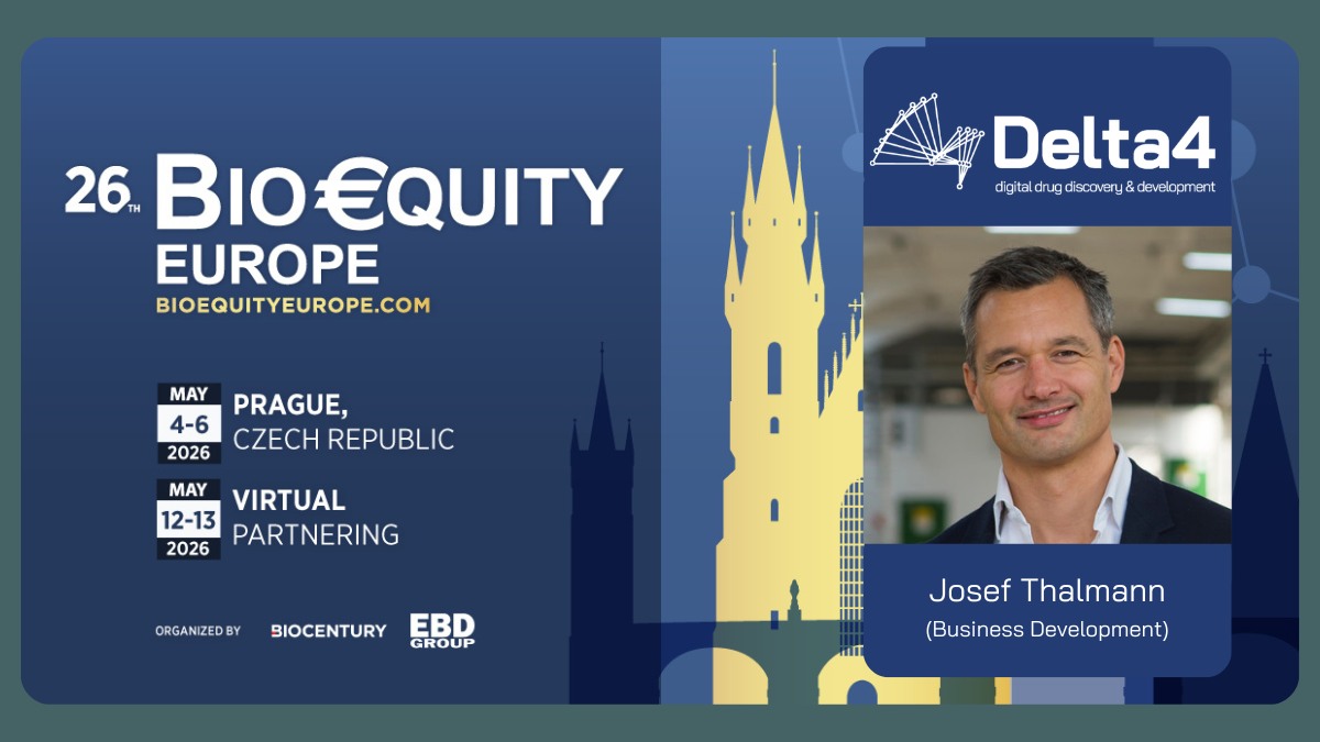 Promotional banner for Bio€quity Europe 2026, the leading Prague biotech event, featuring Josef Thalmann and event details for Prague, May 4-6, and virtual partnering sessions, May 12-13.