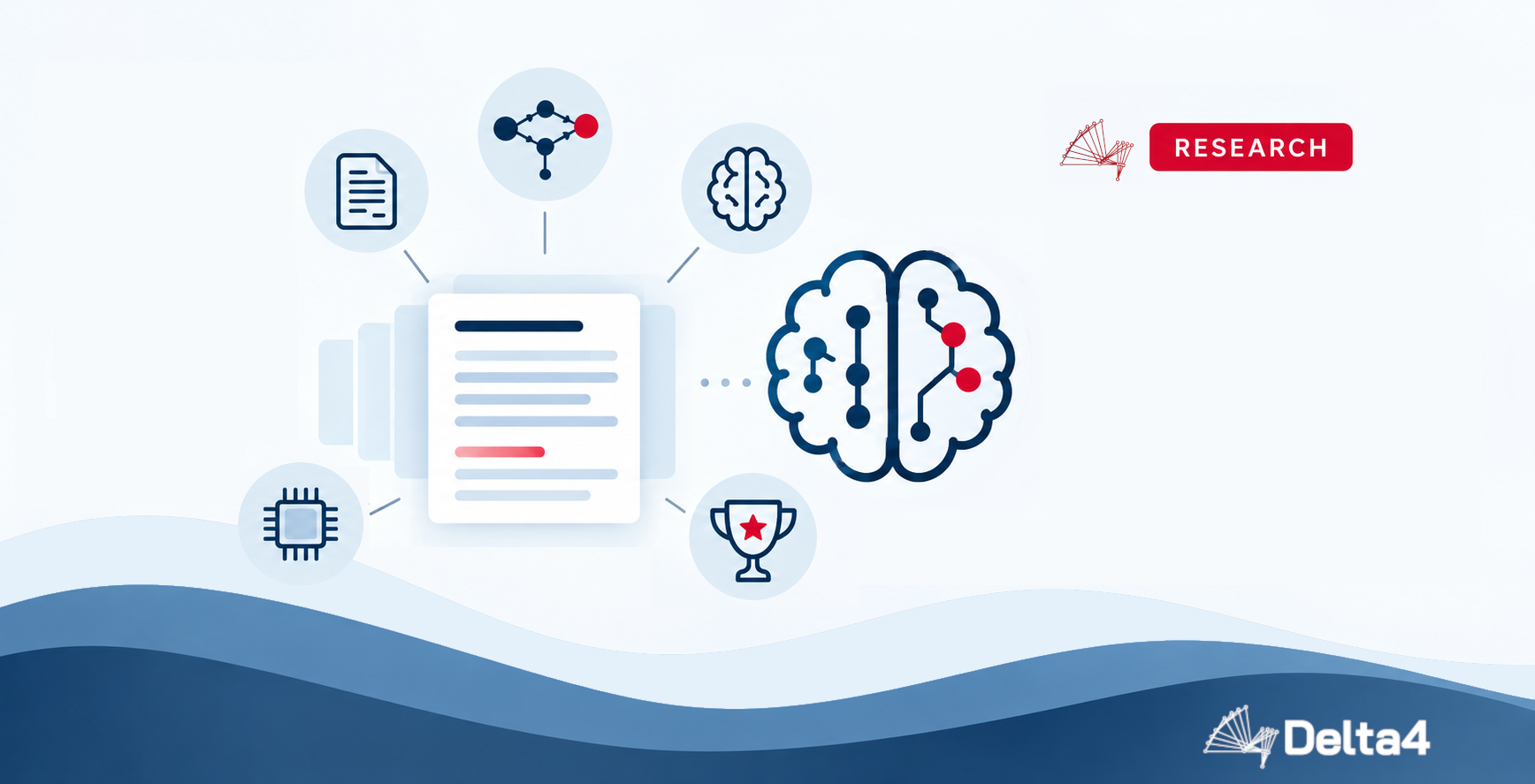 Illustration of a brain, research icons, and a document, representing scientific research and artificial intelligence—highlighting concepts like benchmarking and AI summarization—with the Delta4 logo in the corner.