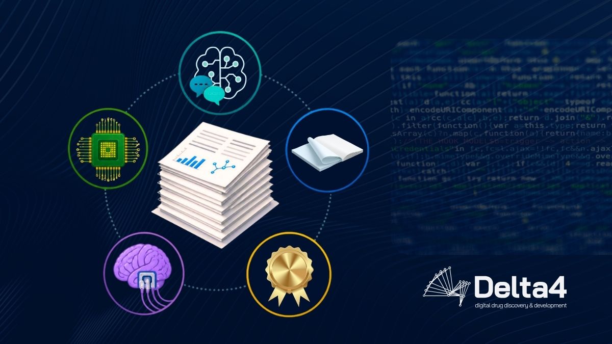A central stack of papers is surrounded by icons representing AI, a microchip, a book, a brain, and a medal—symbolizing innovations in benchmarking and AI summarization—with code and the Delta4 logo in the background.