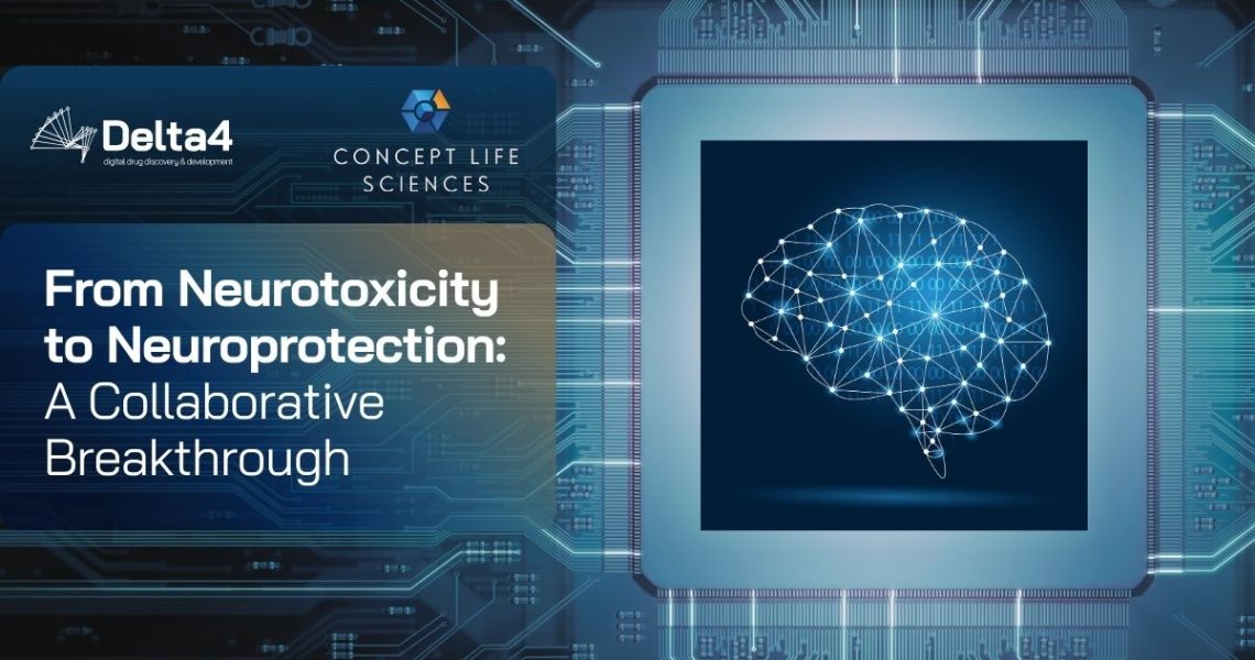 A digital illustration of a brain is displayed on a circuit board background, with text reading "From Neurotoxicity to Neuroprotection: A Collaborative Breakthrough.