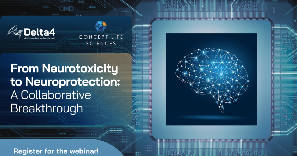Webinar advertisement with digital brain illustration, logos of Delta4 and Concept Life Sciences, and the text: "From Neurotoxicity to Neuroprotection: A Collaborative Breakthrough.