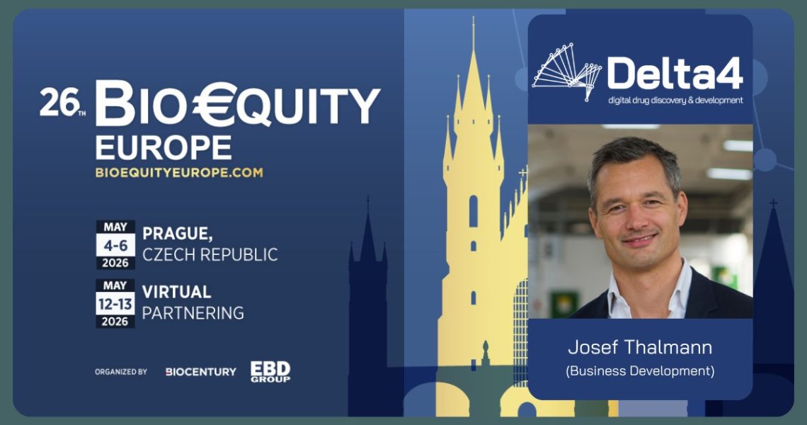 Promotional banner for Bio€quity Europe 2026, the leading Prague biotech event, featuring Josef Thalmann and event details for Prague, May 4-6, and virtual partnering sessions, May 12-13.