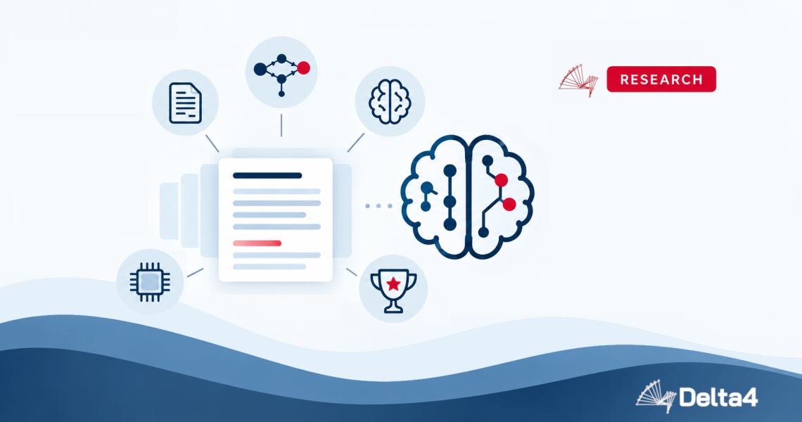 Illustration of a brain, research icons, and a document, representing scientific research and artificial intelligence—highlighting concepts like benchmarking and AI summarization—with the Delta4 logo in the corner.