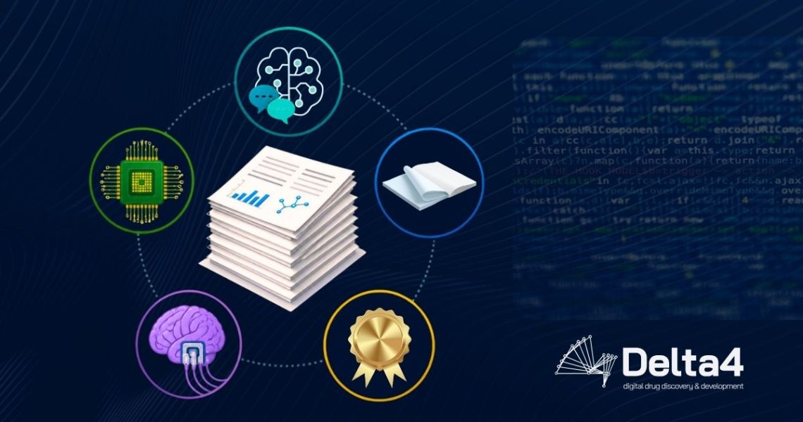 A central stack of papers is surrounded by icons representing AI, a microchip, a book, a brain, and a medal—symbolizing innovations in benchmarking and AI summarization—with code and the Delta4 logo in the background.