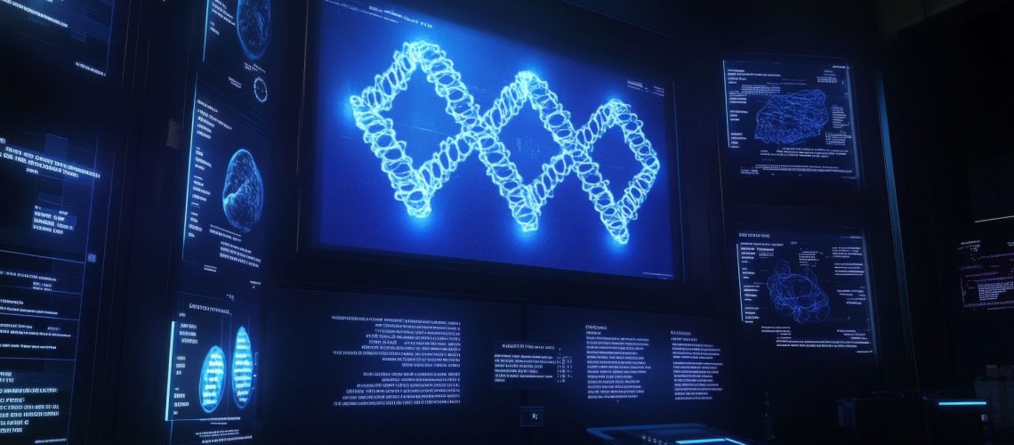 In a dimly lit room, computer screens display glowing blue DNA structures and data, enhanced by the innovative power of generative AI.