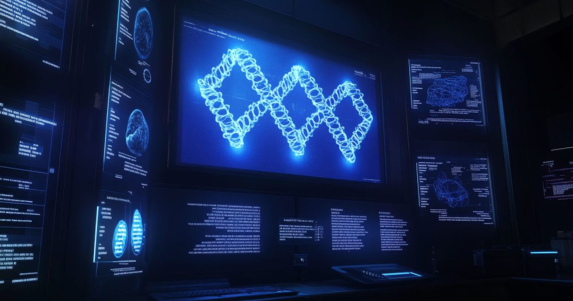 In a dimly lit room, computer screens display glowing blue DNA structures and data, enhanced by the innovative power of generative AI.